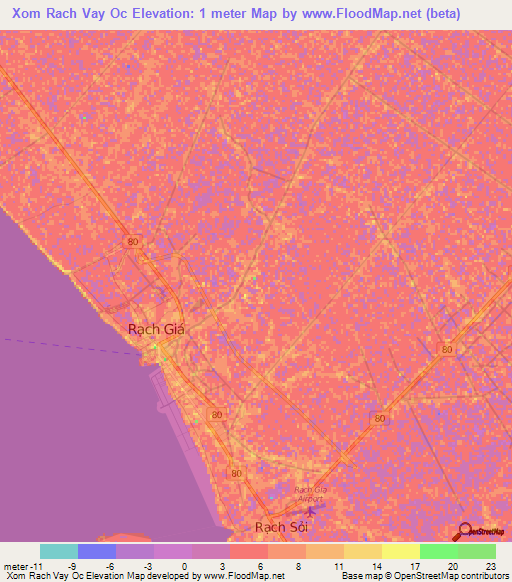 Xom Rach Vay Oc,Vietnam Elevation Map