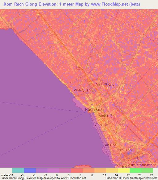 Xom Rach Giong,Vietnam Elevation Map