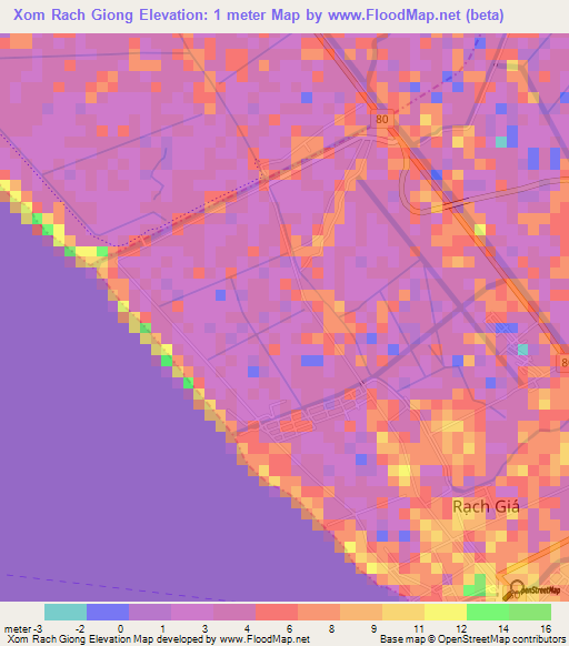 Xom Rach Giong,Vietnam Elevation Map