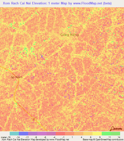 Xom Rach Cai Nai,Vietnam Elevation Map