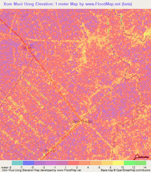 Xom Muoi Uong,Vietnam Elevation Map