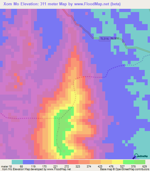 Xom Mo,Vietnam Elevation Map