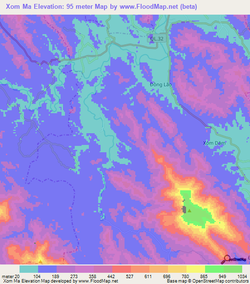 Xom Ma,Vietnam Elevation Map