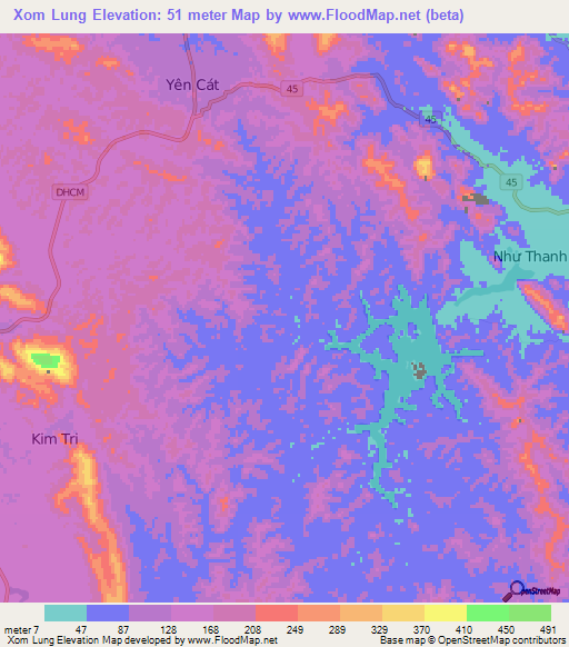 Xom Lung,Vietnam Elevation Map