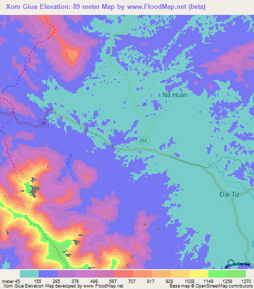 Xom Giua,Vietnam Elevation Map