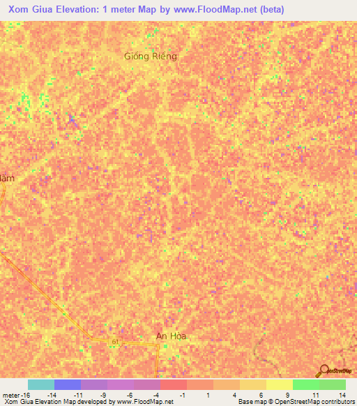 Xom Giua,Vietnam Elevation Map