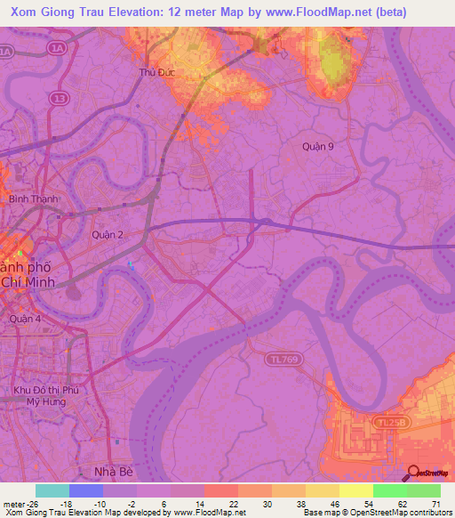 Xom Giong Trau,Vietnam Elevation Map