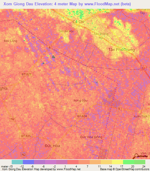 Xom Giong Dau,Vietnam Elevation Map