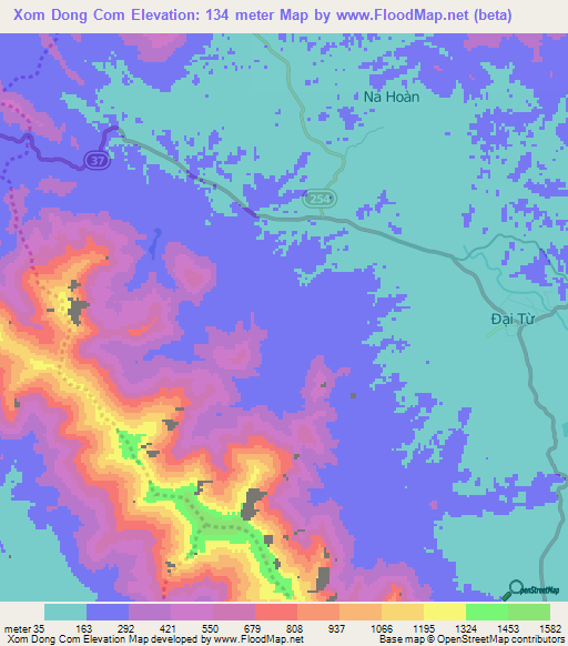 Xom Dong Com,Vietnam Elevation Map