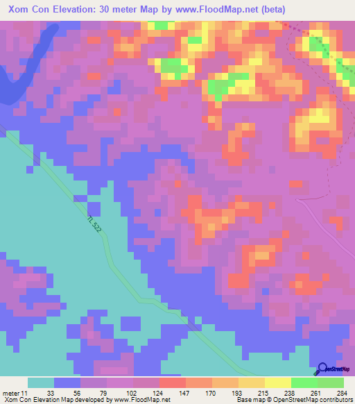 Xom Con,Vietnam Elevation Map