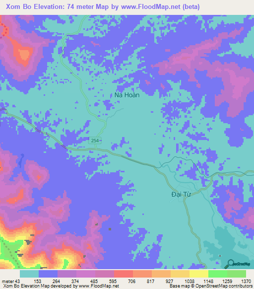 Xom Bo,Vietnam Elevation Map