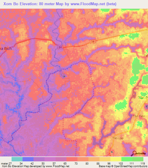 Xom Bo,Vietnam Elevation Map