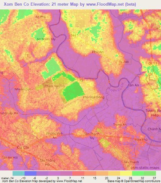 Xom Ben Co,Vietnam Elevation Map