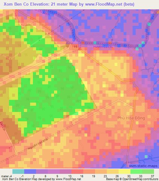 Xom Ben Co,Vietnam Elevation Map