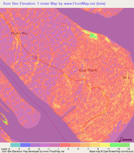 Xom Ben,Vietnam Elevation Map