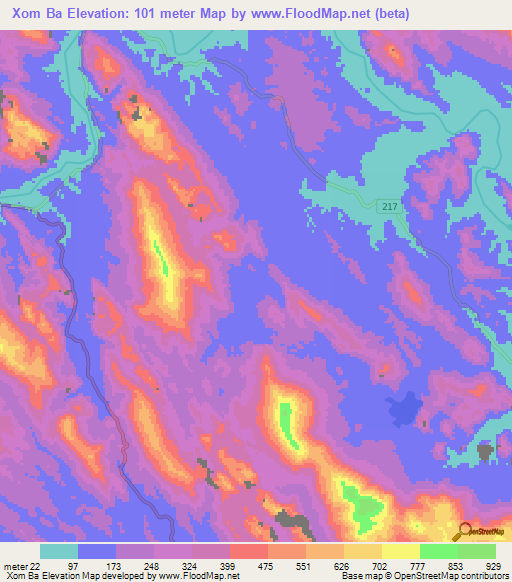 Xom Ba,Vietnam Elevation Map