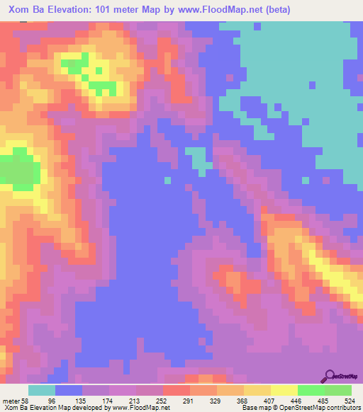 Xom Ba,Vietnam Elevation Map