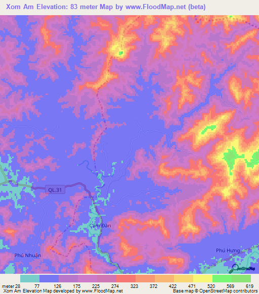 Xom Am,Vietnam Elevation Map