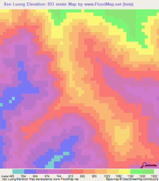 Xen Luong,Vietnam Elevation Map