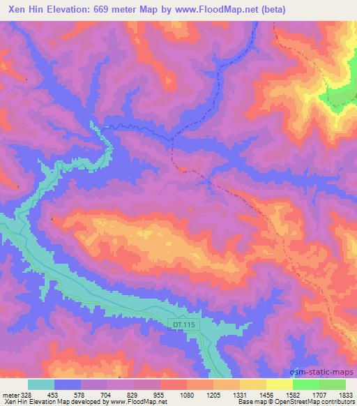 Xen Hin,Vietnam Elevation Map