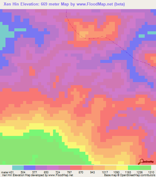 Xen Hin,Vietnam Elevation Map