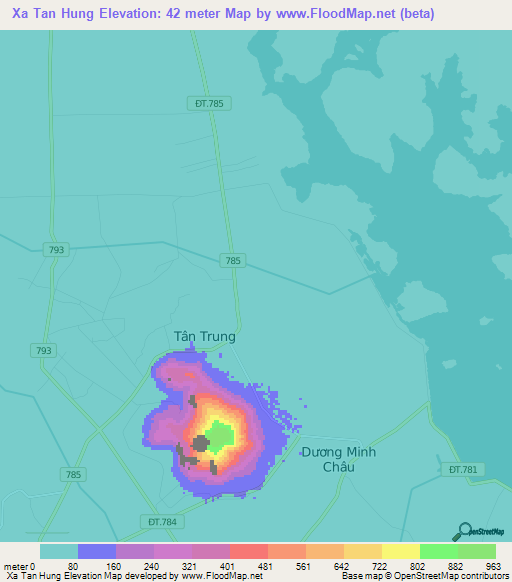 Xa Tan Hung,Vietnam Elevation Map