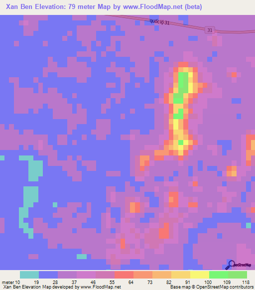 Xan Ben,Vietnam Elevation Map