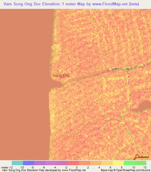 Vam Song Ong Doc,Vietnam Elevation Map