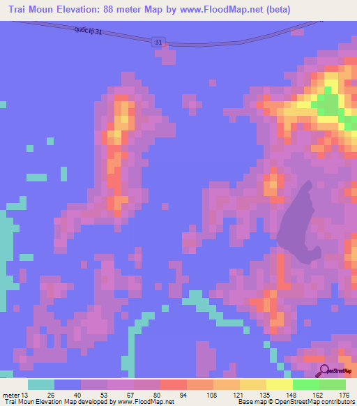 Trai Moun,Vietnam Elevation Map