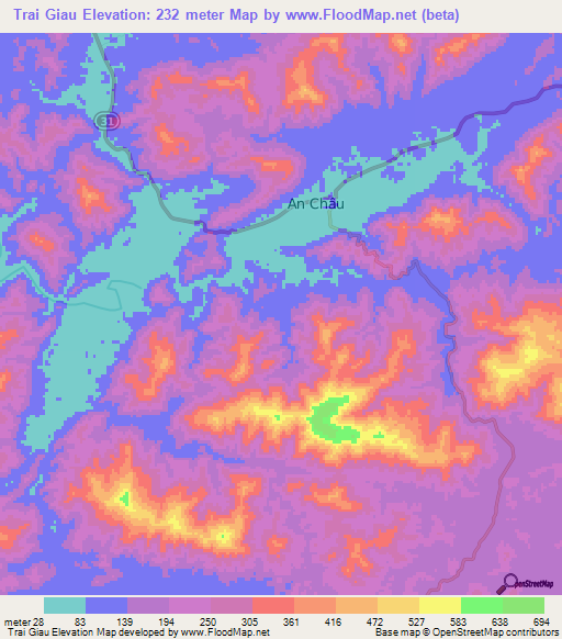 Trai Giau,Vietnam Elevation Map