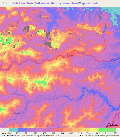 Tom Penh,Vietnam Elevation Map