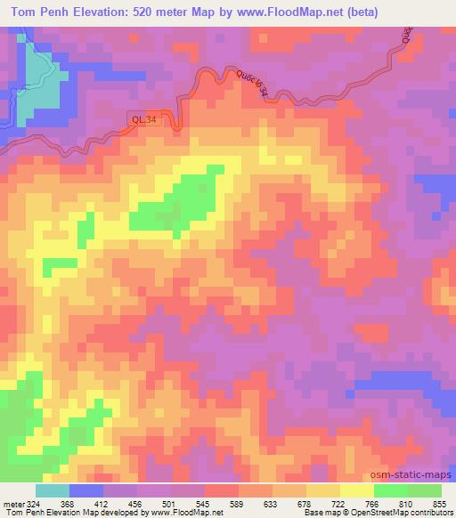 Tom Penh,Vietnam Elevation Map