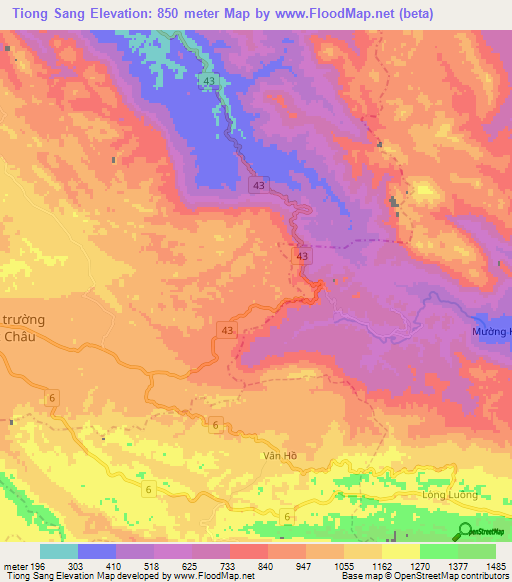 Tiong Sang,Vietnam Elevation Map