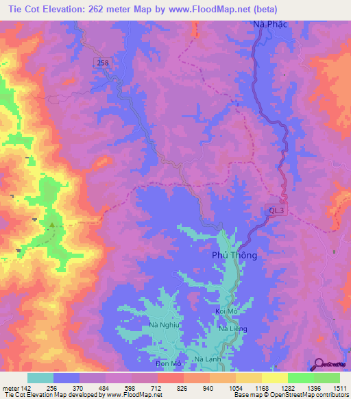 Tie Cot,Vietnam Elevation Map