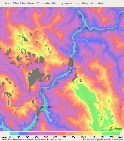 Thom Pha,Vietnam Elevation Map