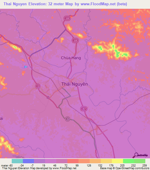 Thai Nguyen,Vietnam Elevation Map