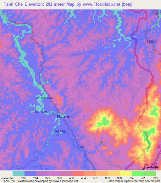 Tenh Che,Vietnam Elevation Map