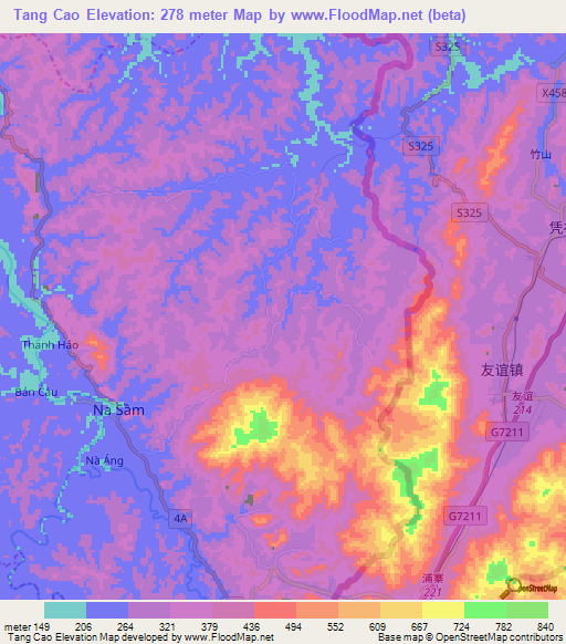 Tang Cao,Vietnam Elevation Map