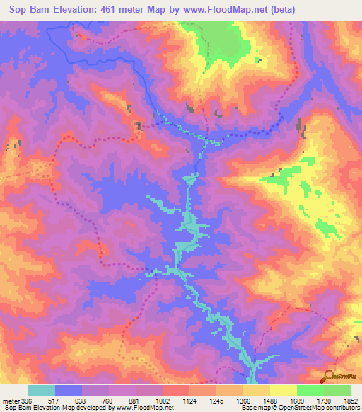 Sop Bam,Vietnam Elevation Map