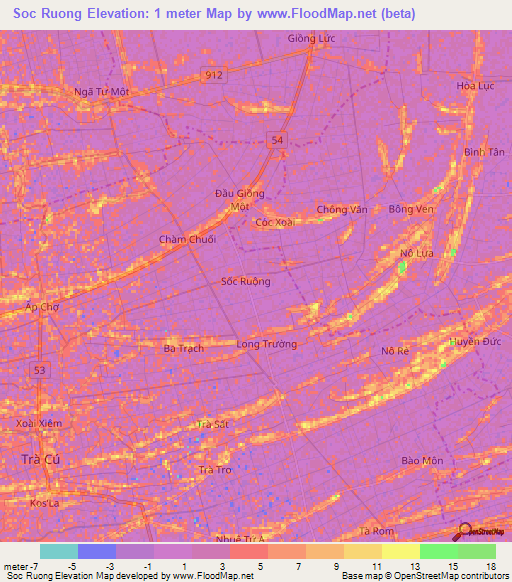 Soc Ruong,Vietnam Elevation Map