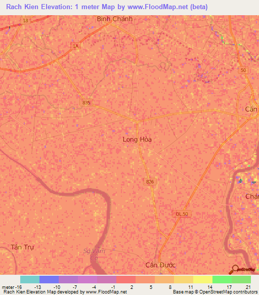 Rach Kien,Vietnam Elevation Map