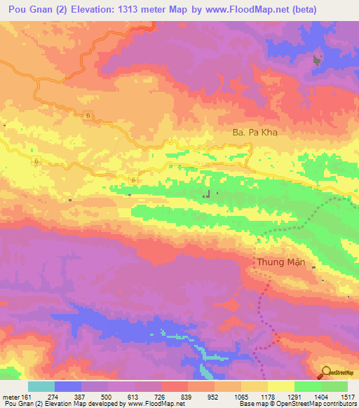 Pou Gnan (2),Vietnam Elevation Map