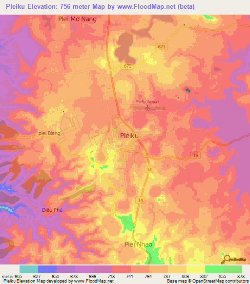 Pleiku,Vietnam Elevation Map