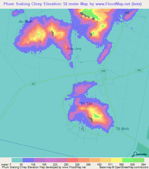 Phum Sralong Chrey,Vietnam Elevation Map