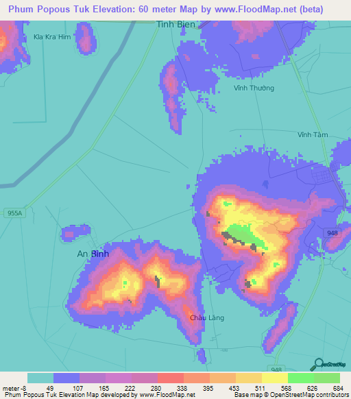 Phum Popous Tuk,Vietnam Elevation Map