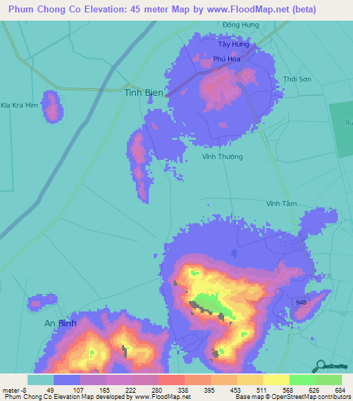 Phum Chong Co,Vietnam Elevation Map