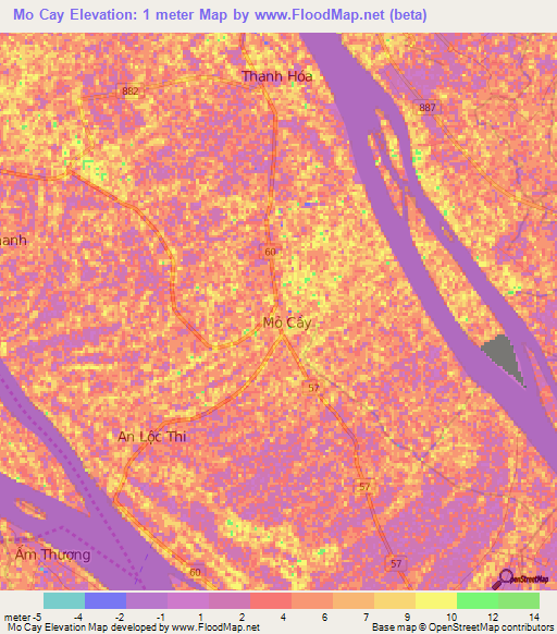 Mo Cay,Vietnam Elevation Map