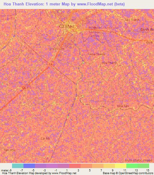 Hoa Thanh,Vietnam Elevation Map