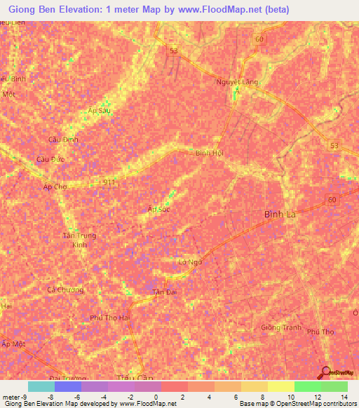 Giong Ben,Vietnam Elevation Map