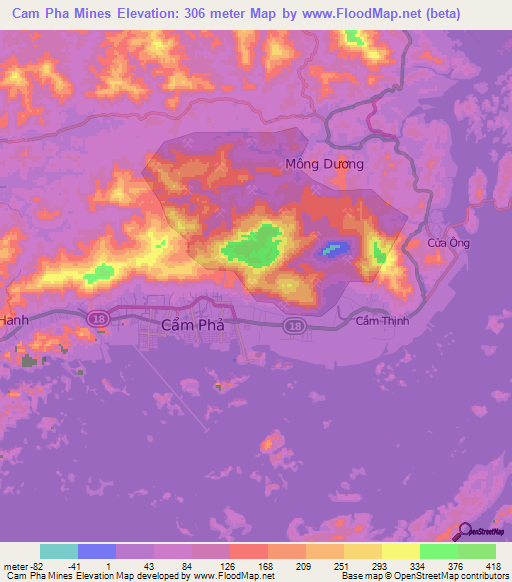 Cam Pha Mines,Vietnam Elevation Map